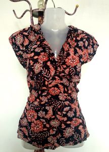 Navy Blue Floral Print Ruffled Wrap Top