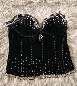 Black Velvet Stone And Sequin detailed Corset