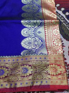 Elegant Blue &amp; Gold Banarasi Satin Saree