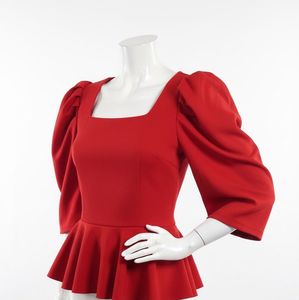 Chic Red Puff Sleeve Peplum Top | Square Neck 🍒