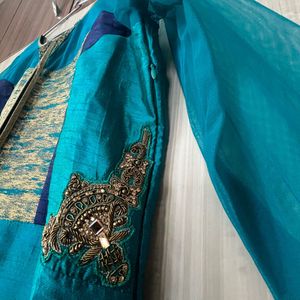 Peacock Blue &amp; Gold/cream  Embellished Kurti Gagra