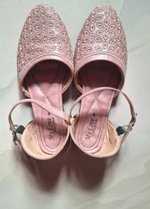 Pink Embroidered Ankle Strap Flats