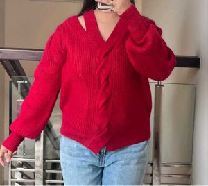 Red V-Neck Cutout Sweater Top
