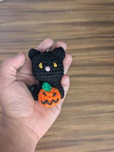 Crochet Black Cat Pumpkin Keychain