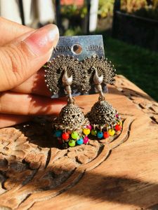 Oxides Peacock Jhumka With Colourful Beads