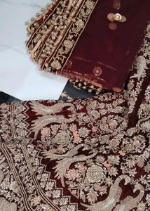 Heavy Dapka Hand Work Maroon Velve Bridal Lehnga