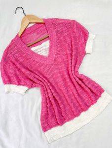 Korean Pink Oversized V-Neck Knit Top B