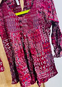 Maroon Bohemian Smocked Tunic Short Kurti