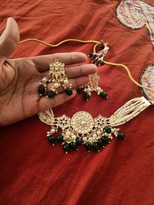 Ethnic Off White And Green Pearl Choker Set