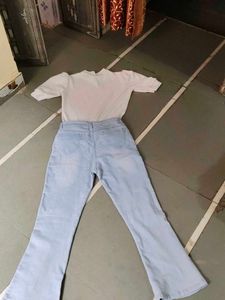 Combo Of White Puffed Sleve Top And Bell Bottom