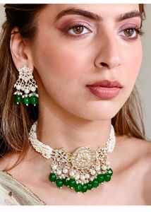 Ethnic Off White And Green Pearl Choker Set