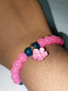 Pink Flower Charm Glass Beads Bracelet