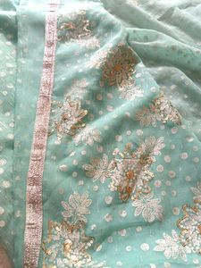 Teal &amp; Gold Embellished Chiffon Fabric