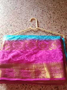 Blue And Pink Saree With Gold Border