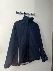 Navy Windbreaker Jacket With White Strips On Arms