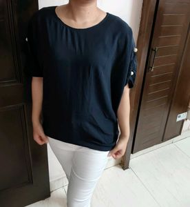 Solezia Women Pearl Sleeve Navy Blue Casual Top