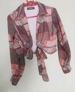Brown And Red Geometric Printed Wrap Crop Top