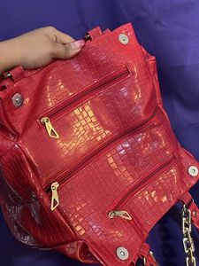 Red Party Handbag For Women With Chain Detailings
