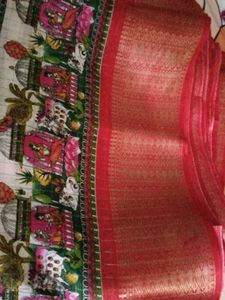 Green &amp; Red Sari with Unique Border