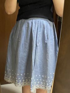 Blue Embroidered Hem Skirt