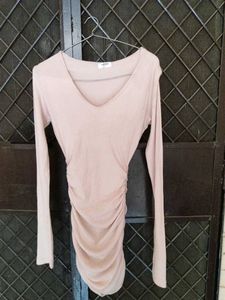 Tan Ruched Long Sleeve Mini Dress