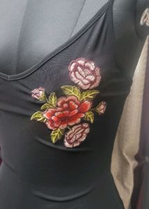 Black Floral Embroidered Bodysuit