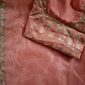 coral pink pure organza silk saree