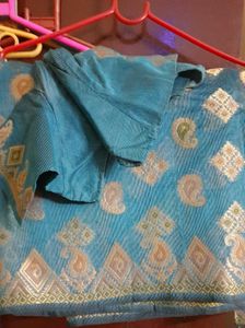 Teal Blue Brocade Banarasi Saree With Blouse