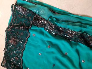 Sky Blue Heavy Net Work Saree With Blouse