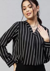 Black & White Vertical Striped V-Neck Shirt Top