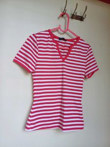 Striped V-Neck Tee shein xs