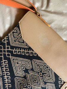 Tan &amp; Tribal Pattern Crossbody with Orange Strap