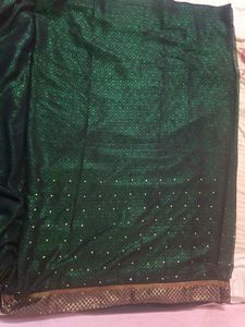Unworn Gold Stone Saree With Green Allover Print