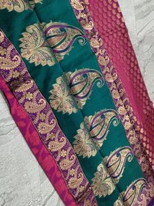 Banarasi Organza Saree With Running Blouse,. Pink Body,,, Green Pallu,, And Purple Border