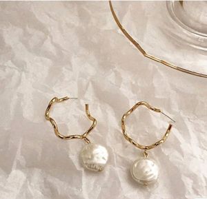 Gold Hoop Earrings with Pearl Drop