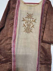 Brown Embroidered Kurta set with madhubani dupatta