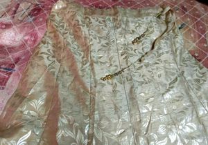 Elegant Red Banarasi Anarkali Set with Golden Moti