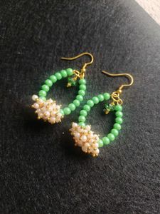Green Beaded Hoop Earrings with Pearl Accents