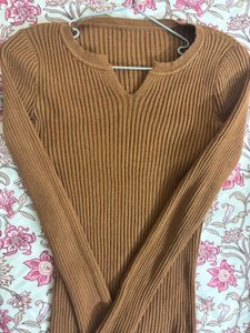 Brown Ribbed Long Sleeve Top