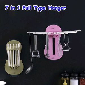 Plastic 7-in-1 Multifunction Retractable Wall-Mounted Pull-Out Hanger Rack Without Punching Hooks Up for Kitchen Bathroom