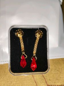 Elegant Gold &amp; Red Dangle Earrings
