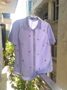 BLUE &amp; WHITE STRIPED EMBROIDERY HALF SLEEVE SHIRT