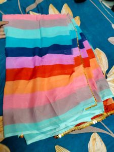 Colorful Striped Saree With Golden Zari Border