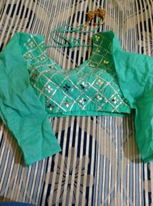 Mint Green Embroidered Blouse With Lehenga