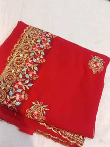 Cash Allow Red Embroidered Sari