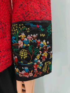 Red Embroidered Faux Fur Collar Jacket