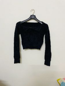 Korean Black Faux Fur Crop Top For Women
