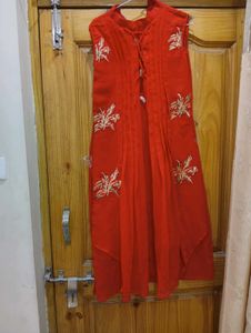 Red Embroidered Sleeveless Kurti
