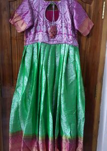 Green With Pink Color Semi-pattu Longfrock