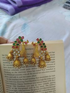 Golden Peacock Jhumkis With Red And Green Bead Detailing